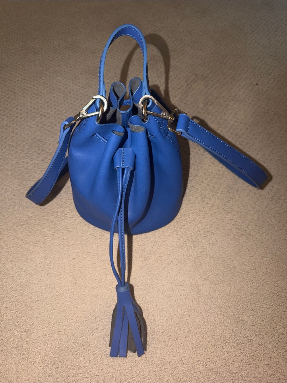 KC Jagger Blue Leather Drawstring Bucket Bag with Tassel